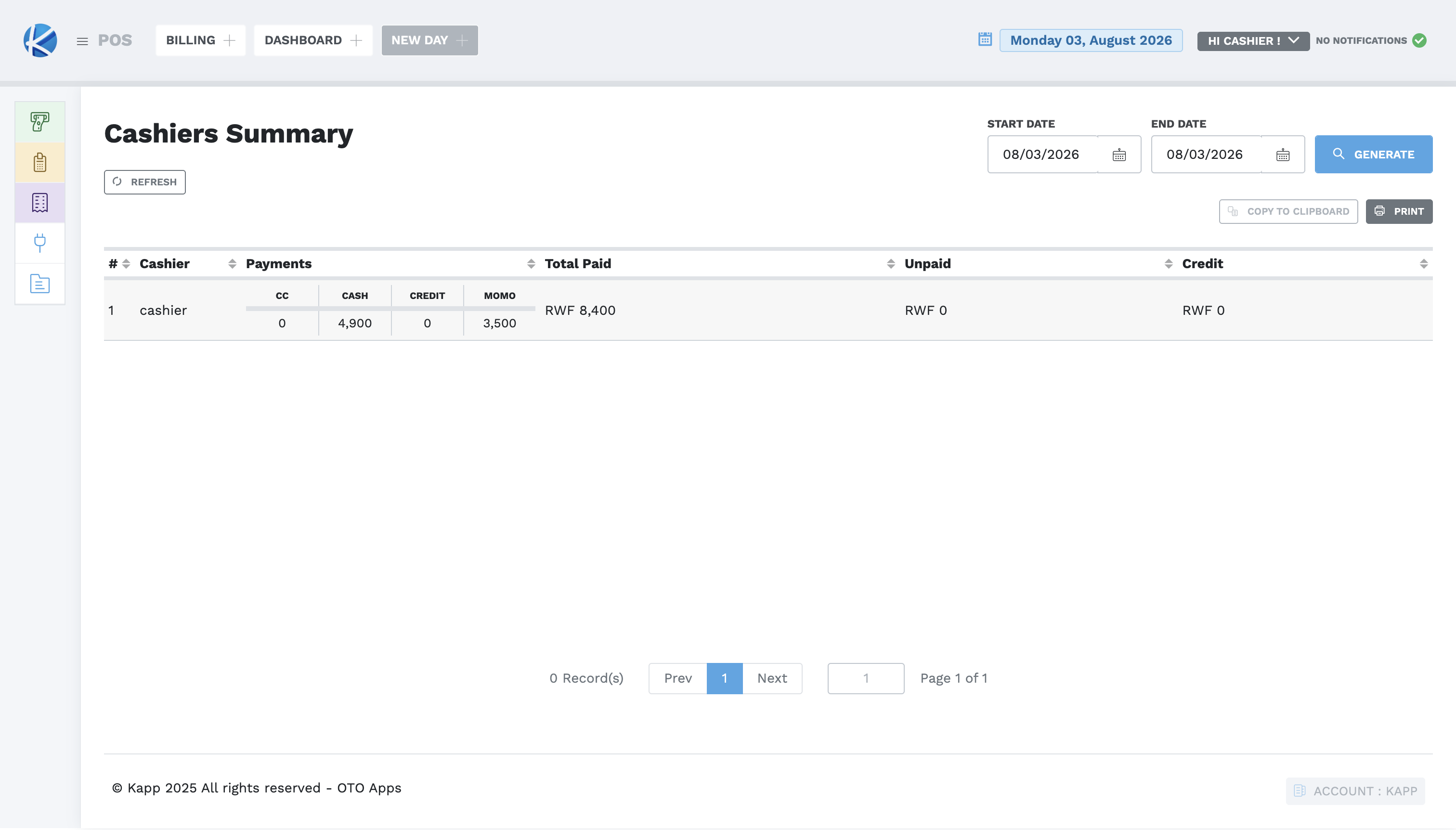 Cashier Summary showing totals by payment method
